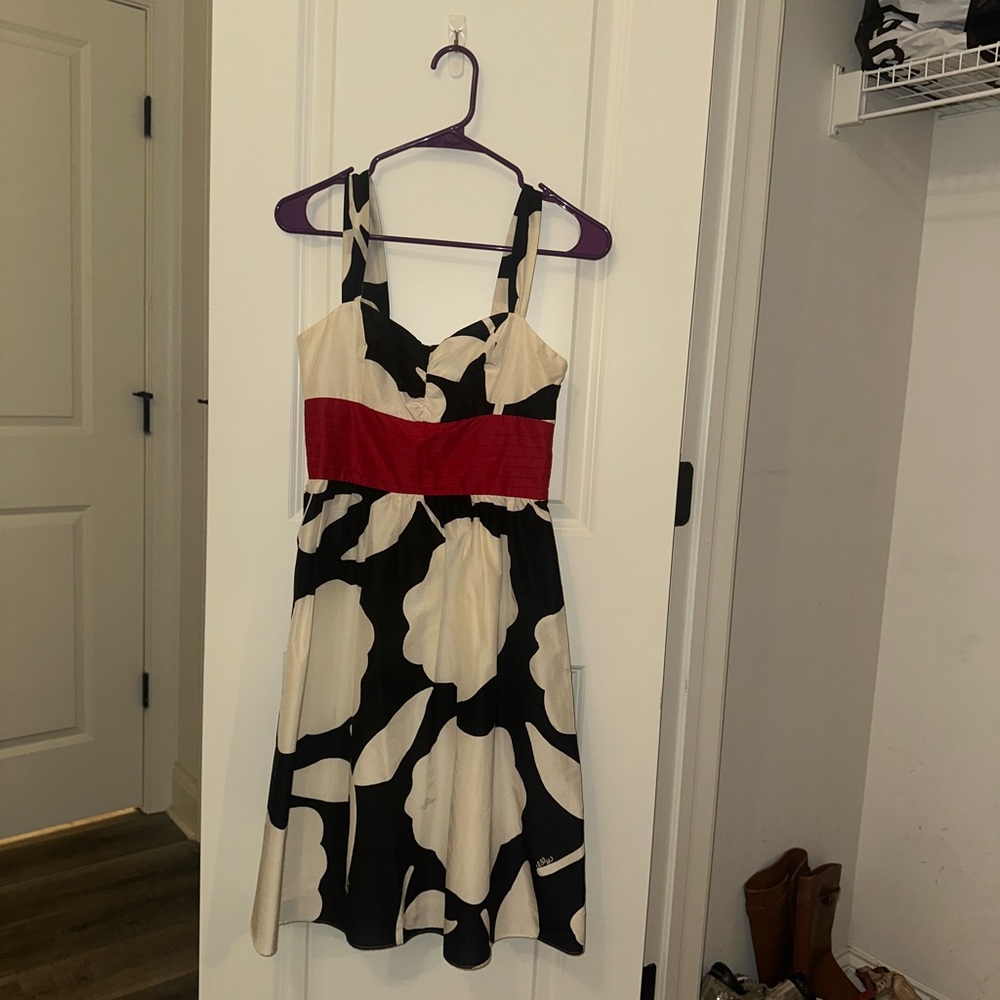 Vintage Lilly Pulitzer Black and White Floral Midi Dress with Red Band
